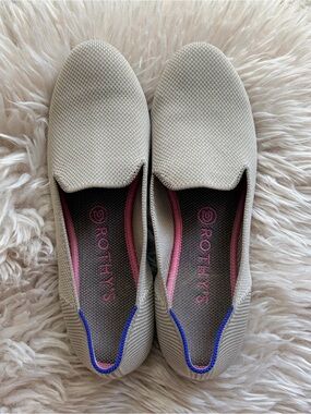 Rothy's The Loafer - Beige Knit Slip-On Flats with Pink Lining and Blue Trim 9.5